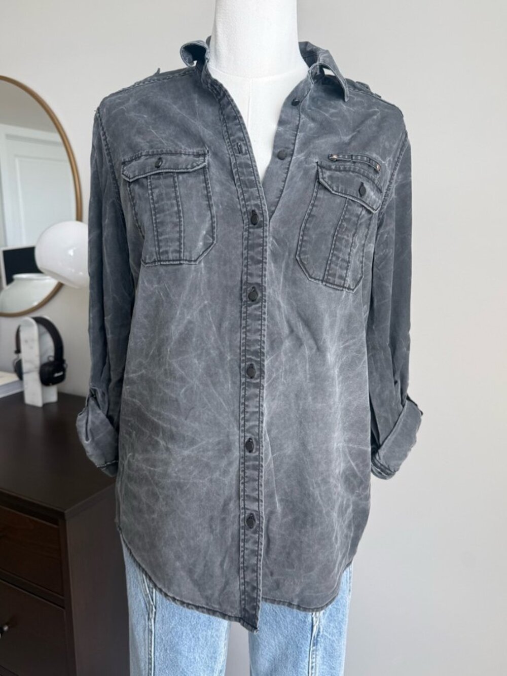 EXPRESS Boyfriend Washed Black Lyocell Utility Button Down Shirt